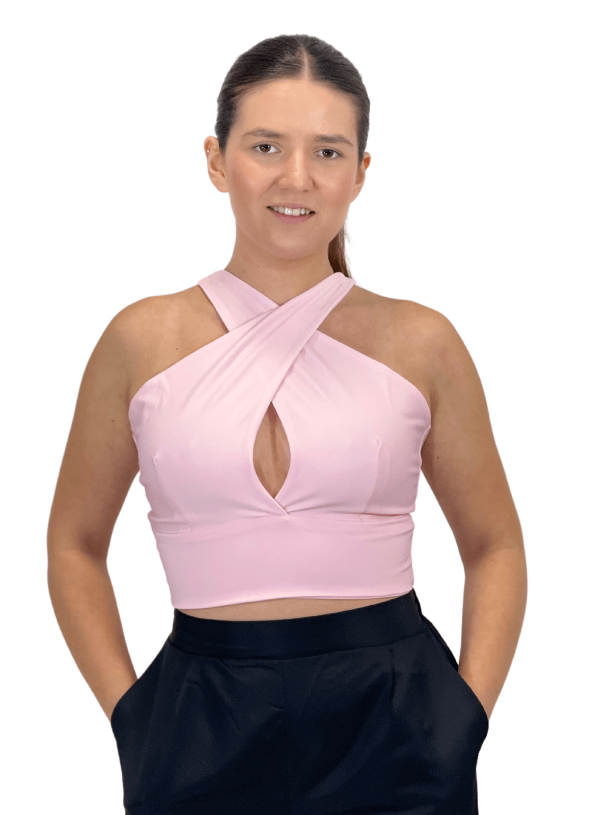 Criss Cross Neck Crop Top – Sexy Halter Tank Top with Keyhole Cutout & Full Back Coverage Light Pink - Tenku Designs