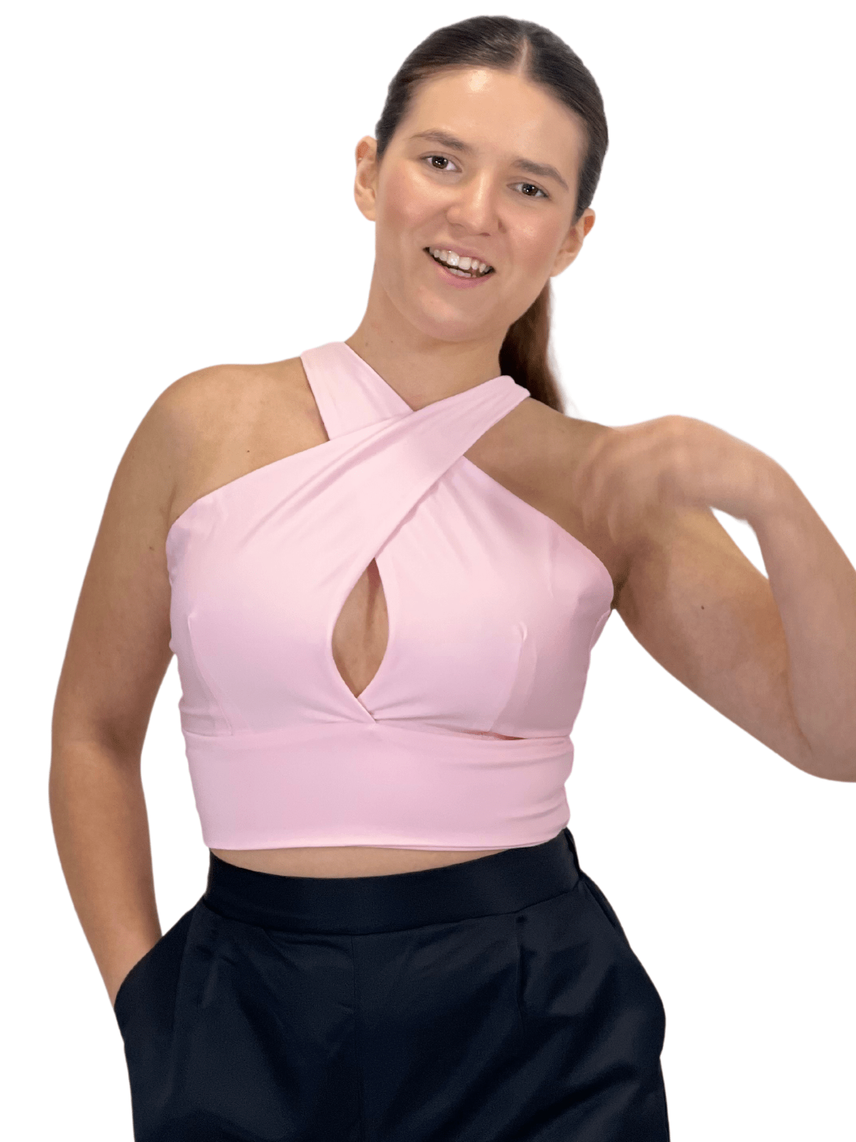 Criss Cross Neck Crop Top – Sexy Halter Tank Top with Keyhole Cutout & Full Back Coverage Light Pink - Tenku Designs