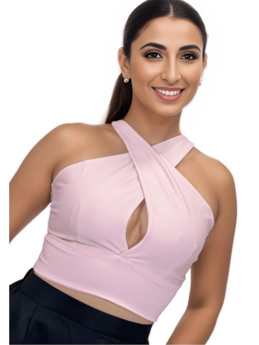 Criss Cross Neck Crop Top – Sexy Halter Tank Top with Keyhole Cutout & Full Back Coverage Light Pink - Tenku Designs