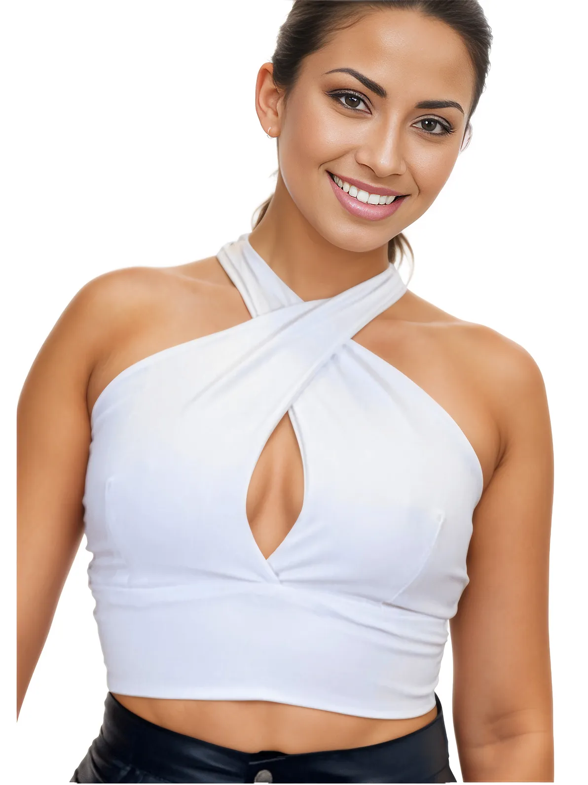 Criss Cross Neck Crop Top – Sexy Halter Tank Top with Keyhole Cutout & Full Back Coverage White - Tenku Designs