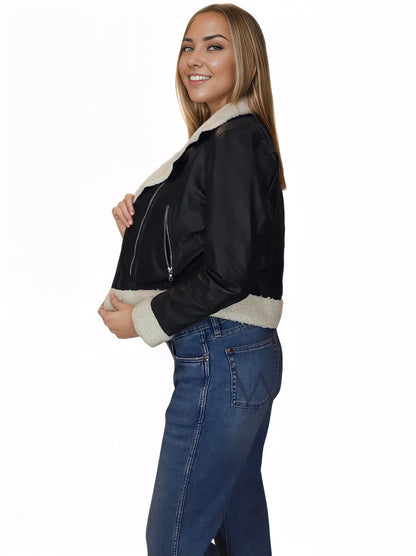 Cropped Leather Jacket with Faux Shearling - Tenku Designs