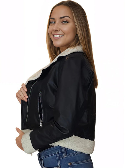 Cropped Leather Jacket with Faux Shearling - Tenku Designs