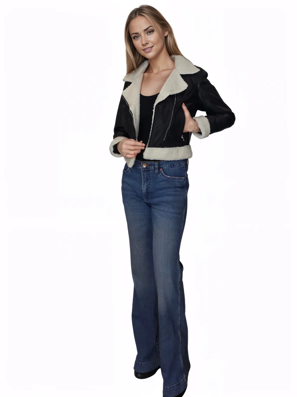 Cropped Leather Jacket with Faux Shearling - Tenku Designs