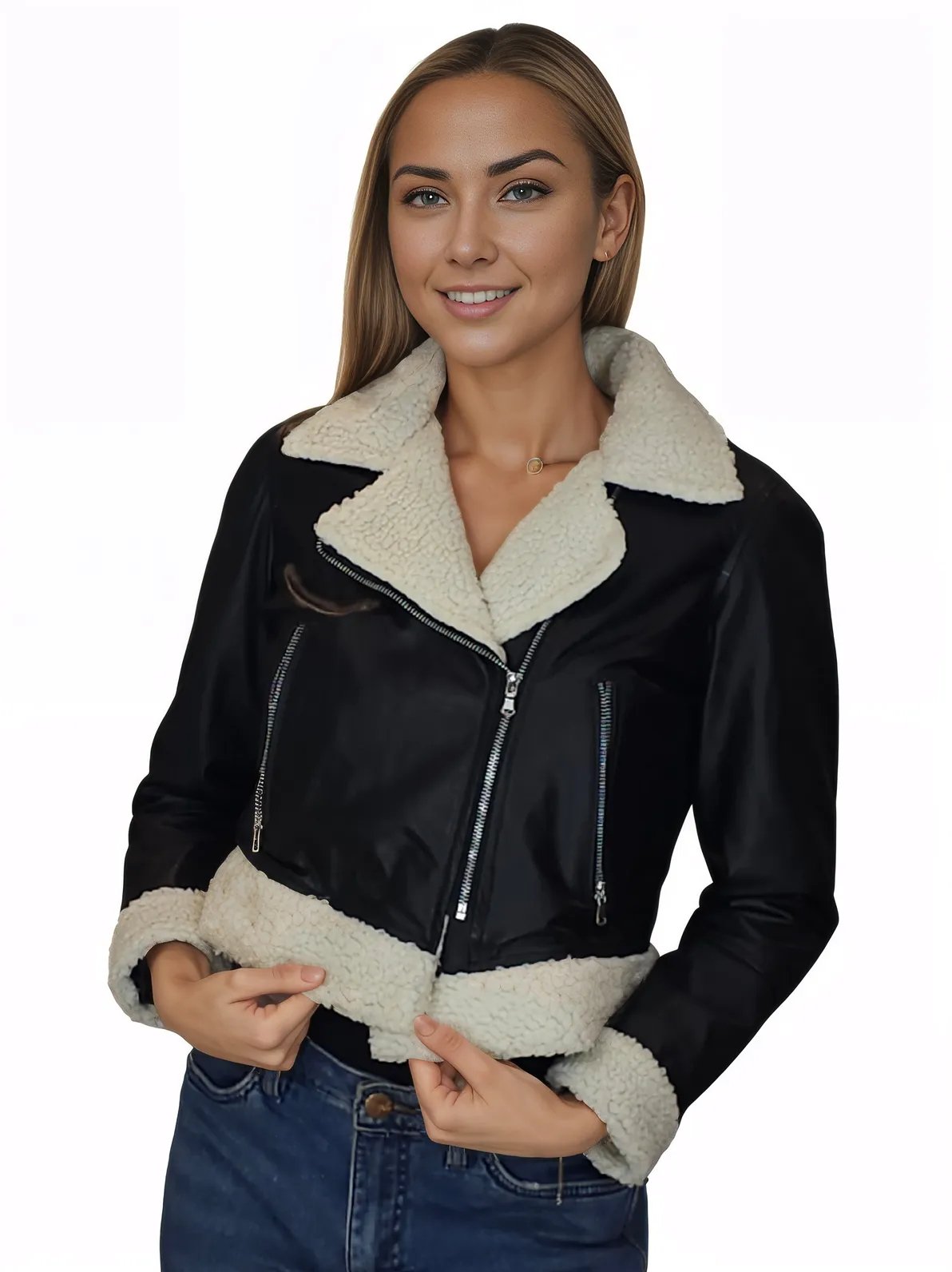 Cropped Leather Jacket with Faux Shearling - Tenku Designs