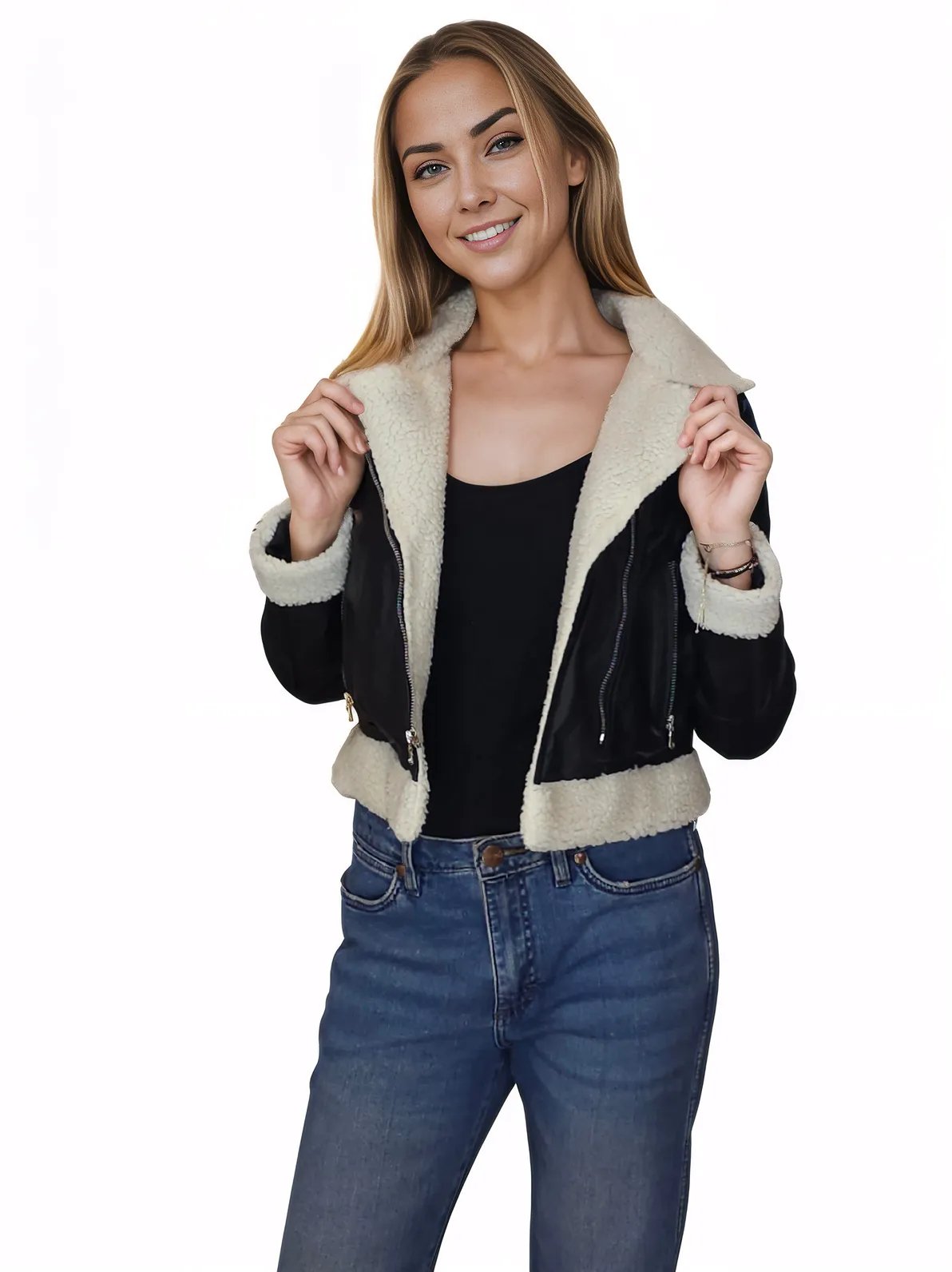Cropped Leather Jacket with Faux Shearling - Tenku Designs