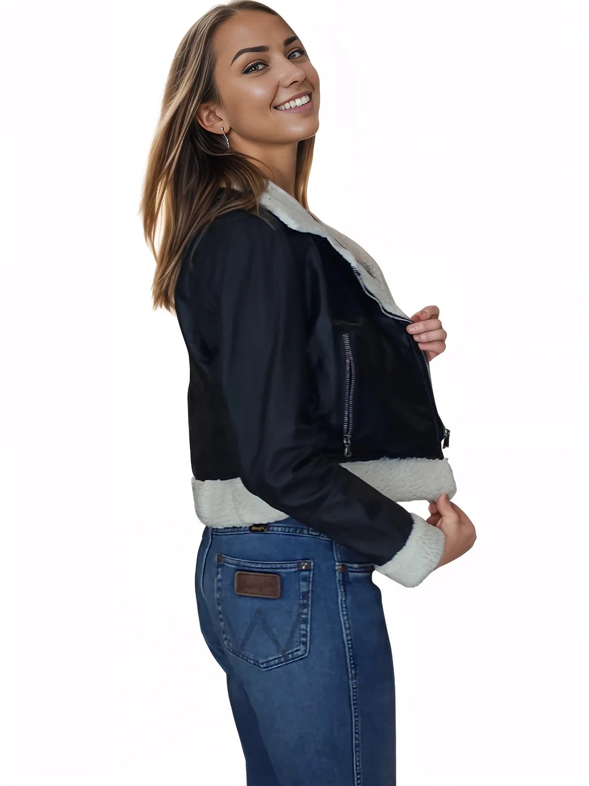 Cropped Leather Jacket with Faux Shearling - Tenku Designs