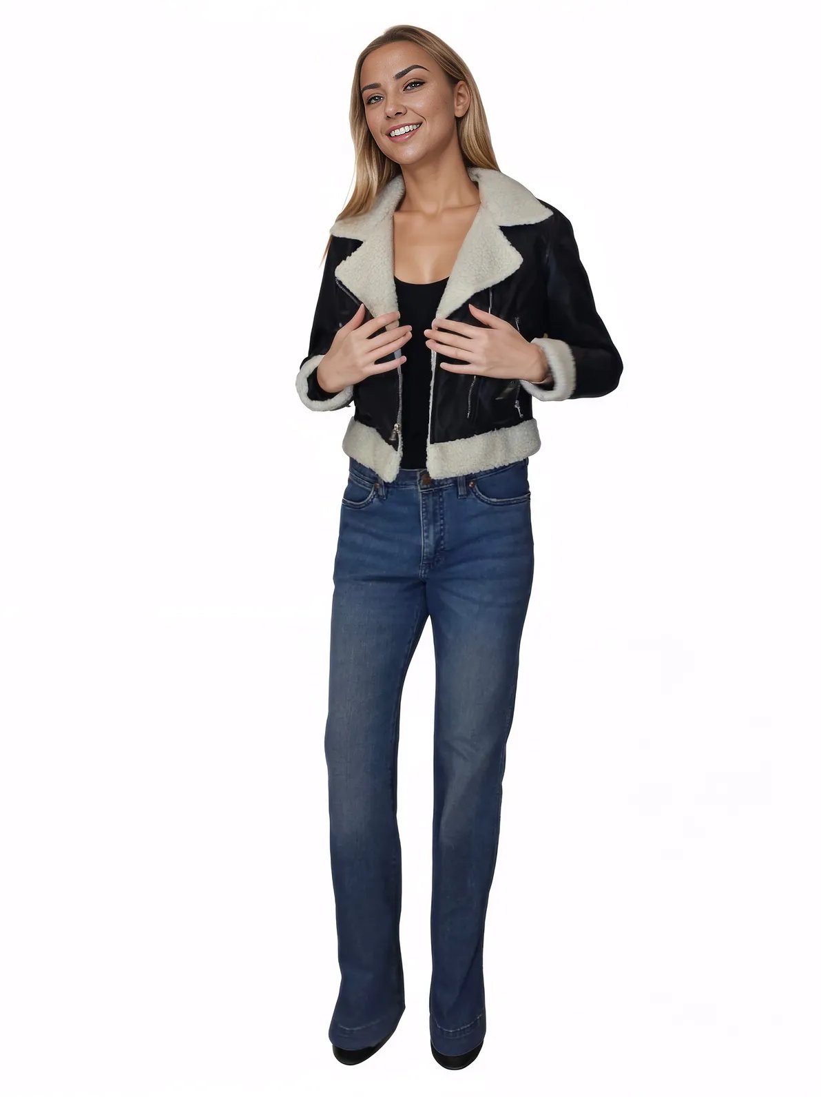 Cropped Leather Jacket with Faux Shearling - Tenku Designs