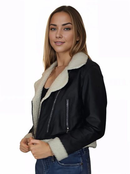 Cropped Leather Jacket with Faux Shearling - Tenku Designs