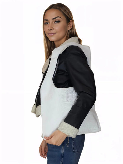 Cropped Leather Jacket with Faux Shearling - Tenku Designs