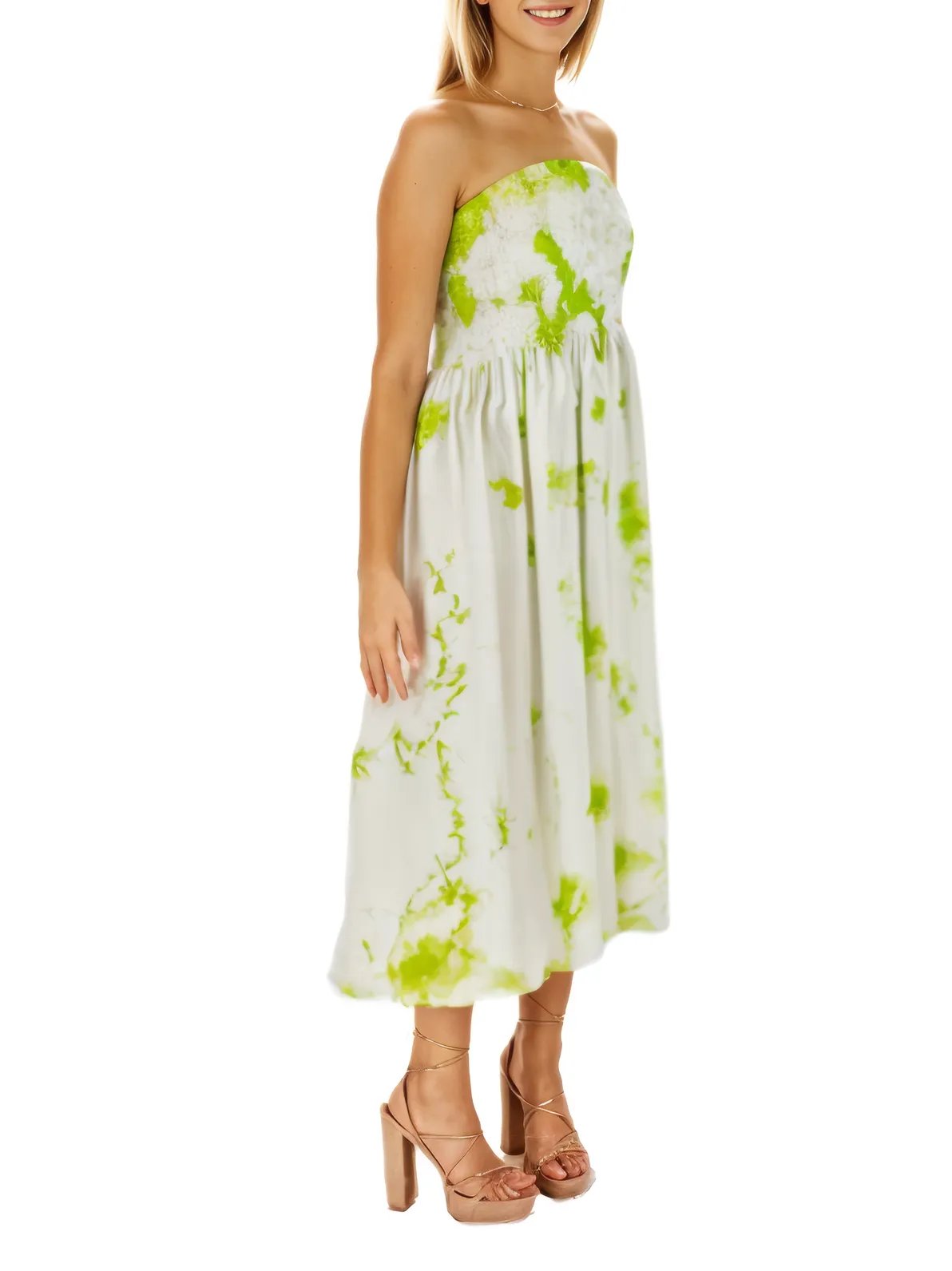 Elegant Strapless Dress with Gathered Bodice & Flowy Lime Green - Tenku Designs