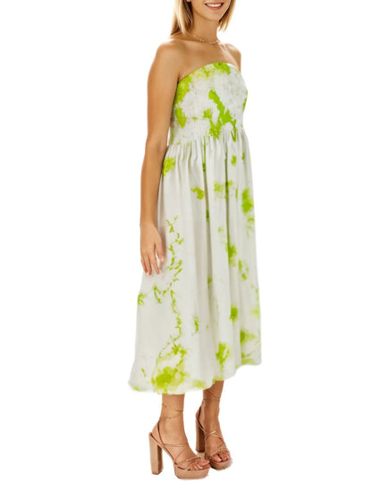 Elegant Strapless Dress with Gathered Bodice & Flowy Lime Green - Tenku Designs