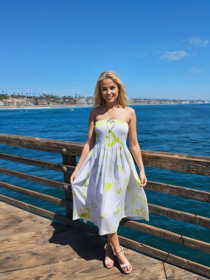 Elegant Strapless Dress with Gathered Bodice & Flowy Lime Green - Tenku Designs