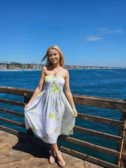 Elegant Strapless Dress with Gathered Bodice & Flowy Lime Green - Tenku Designs