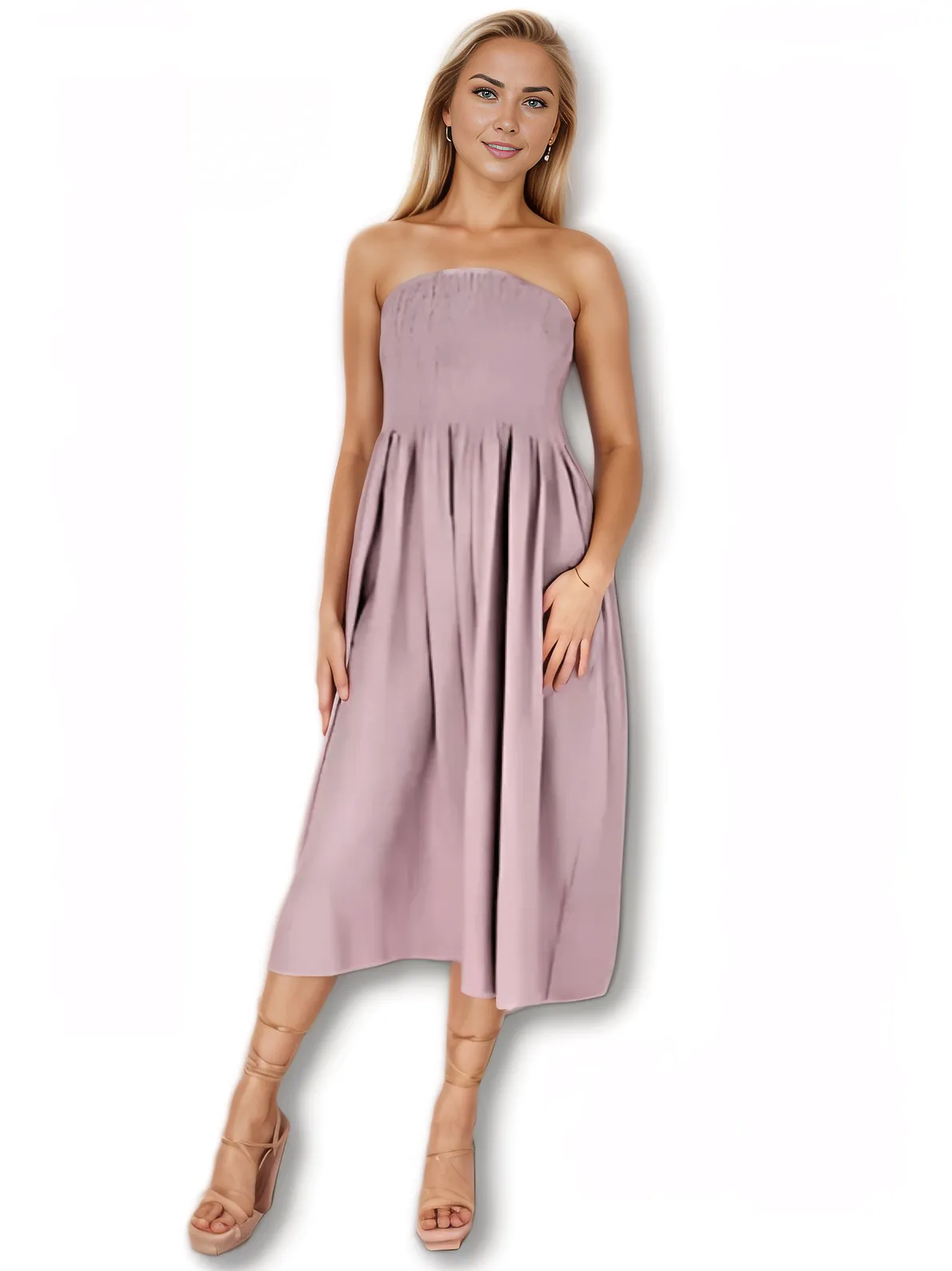 Elegant Strapless Dress with Gathered Bodice & Flowy Mauve - Tenku Designs