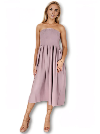 Elegant Strapless Dress with Gathered Bodice & Flowy Mauve - Tenku Designs