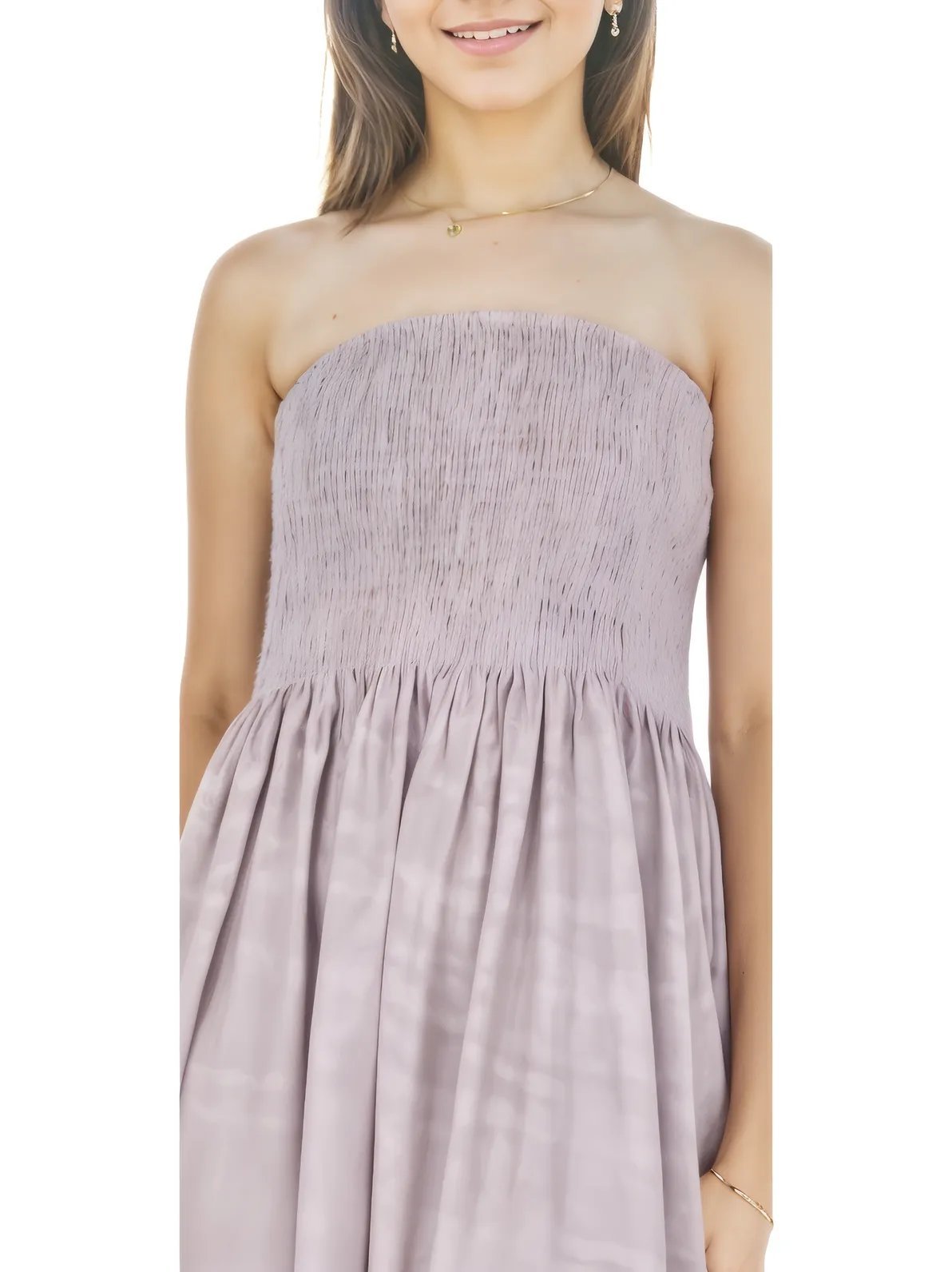 Elegant Strapless Dress with Gathered Bodice & Flowy Mauve - Tenku Designs
