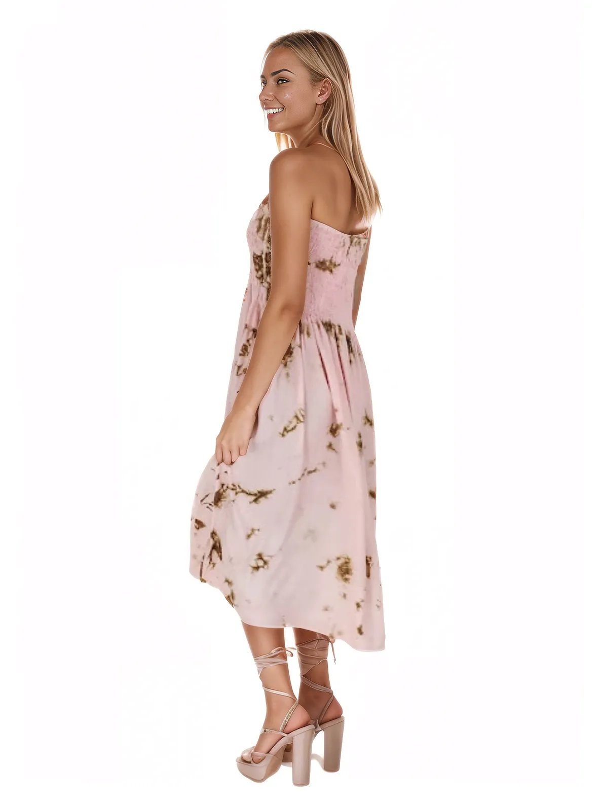 Elegant Strapless Dress with Gathered Bodice & Flowy Pink - Tenku Designs