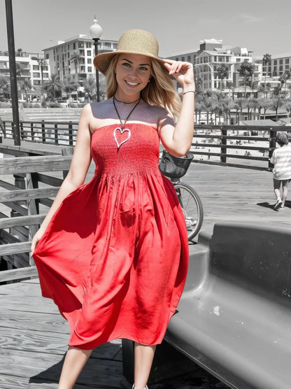 Elegant Strapless Dress with Gathered Bodice & Flowy Red - Tenku Designs