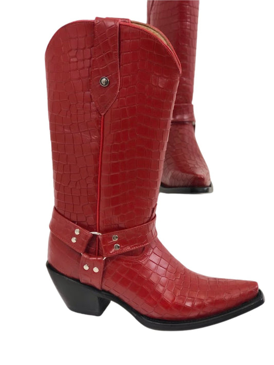 Embosses Crocodile Leather Boots Red - Tenku Designs