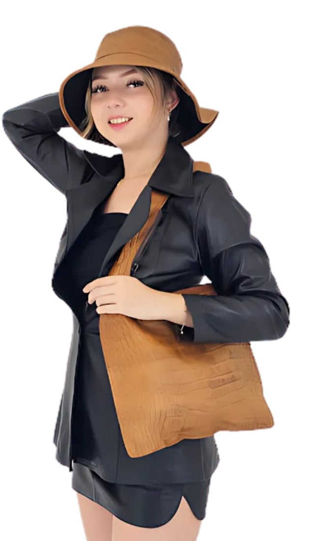 G Bag Crocodile Embossed Camel - Tenku Designs