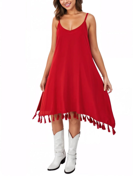 Hand - Painted Boho Tassel Dress – Adjustable Spaghetti Straps, Vintage Colors & Embroidery Red - Tenku Designs