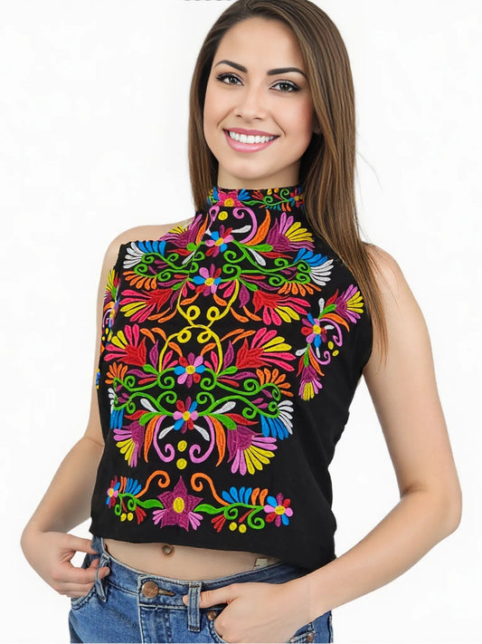 Handcrafted Black Ruffled Top with Mexican Embroidered Chest – 100% Cotton, Artisan - Made - Tenku Designs