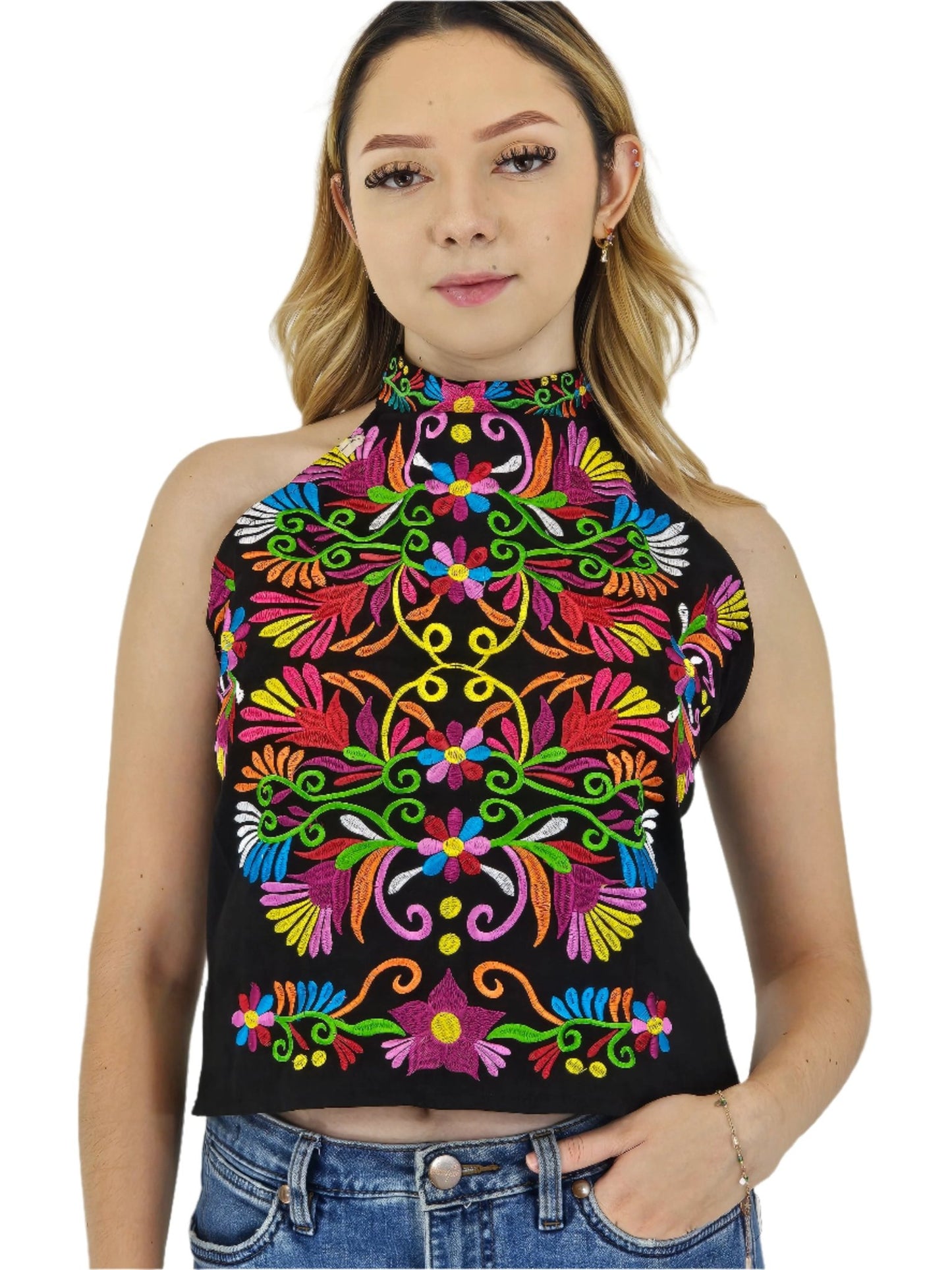 Handcrafted Black Ruffled Top with Mexican Embroidered Chest – 100% Cotton, Artisan - Made - Tenku Designs