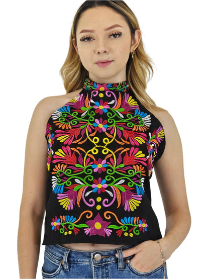 Handcrafted Black Ruffled Top with Mexican Embroidered Chest – 100% Cotton, Artisan - Made - Tenku Designs