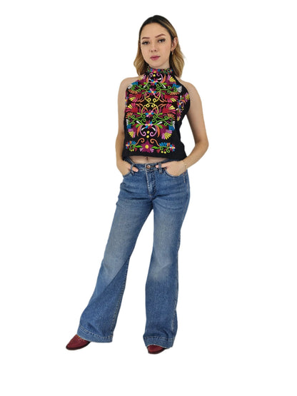 Handcrafted Black Ruffled Top with Mexican Embroidered Chest – 100% Cotton, Artisan - Made - Tenku Designs