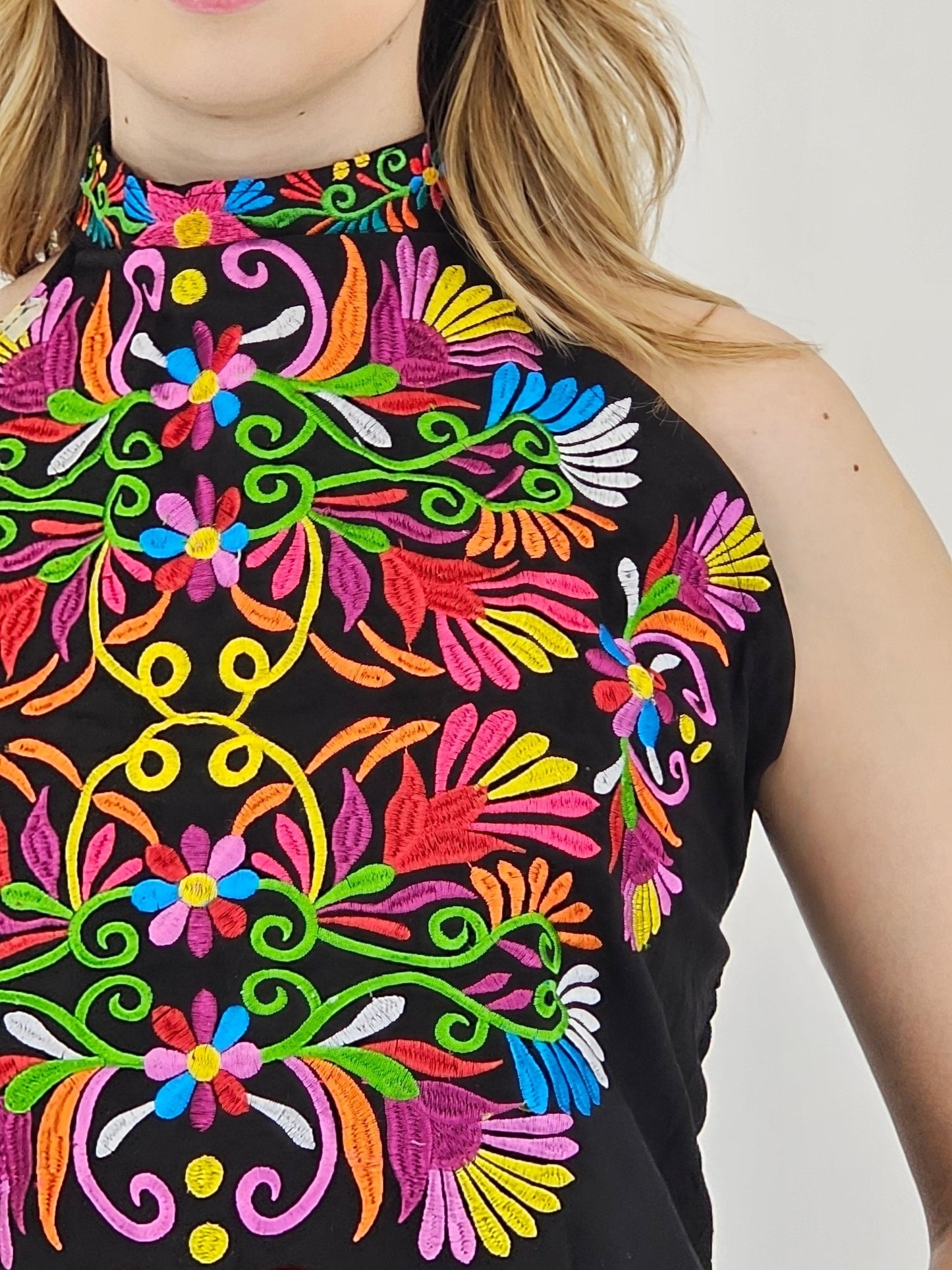 Handcrafted Black Ruffled Top with Mexican Embroidered Chest – 100% Cotton, Artisan - Made - Tenku Designs