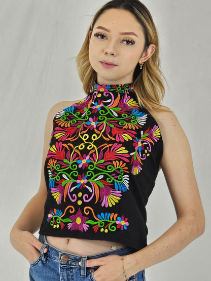 Handcrafted Black Ruffled Top with Mexican Embroidered Chest – 100% Cotton, Artisan - Made - Tenku Designs