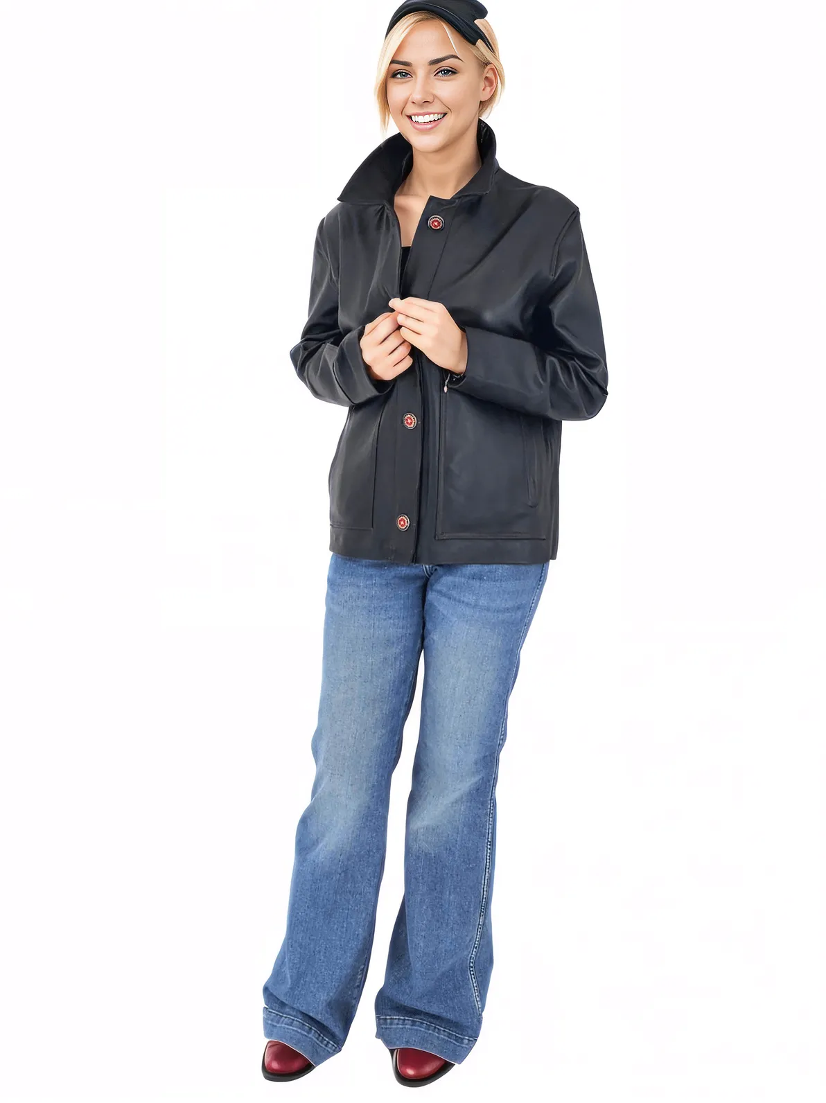 Handcrafted Oversized Sheepskin Leather Trucker Jacket – Stylish & Timeless Red Stitch - Tenku Designs