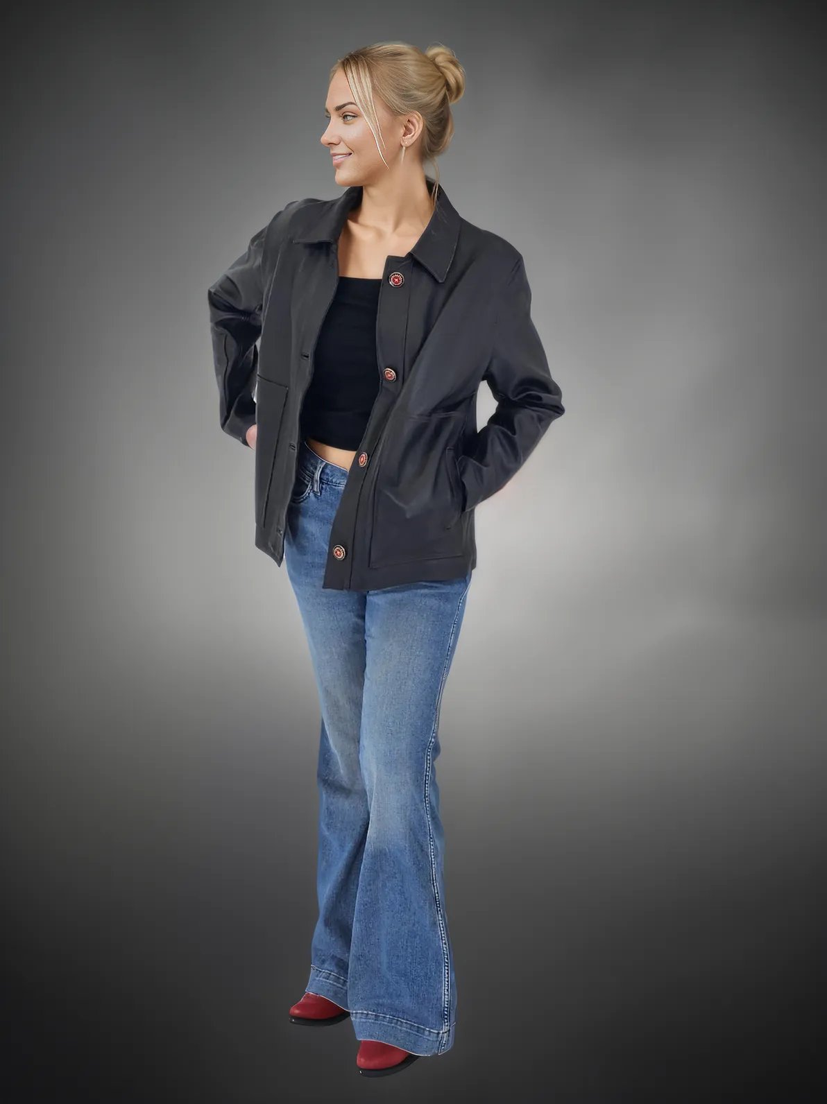 Handcrafted Oversized Sheepskin Leather Trucker Jacket – Stylish & Timeless Red Stitch - Tenku Designs