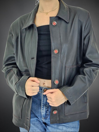 Handcrafted Oversized Sheepskin Leather Trucker Jacket – Stylish & Timeless Red Stitch - Tenku Designs