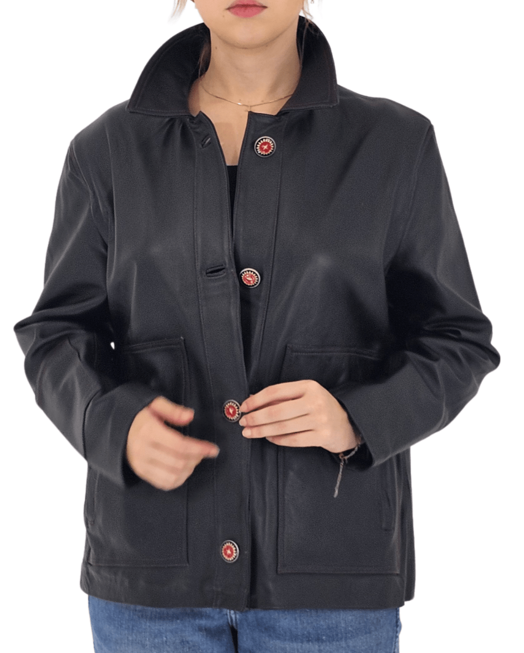 Handcrafted Oversized Sheepskin Leather Trucker Jacket – Stylish & Timeless Red Stitch - Tenku Designs