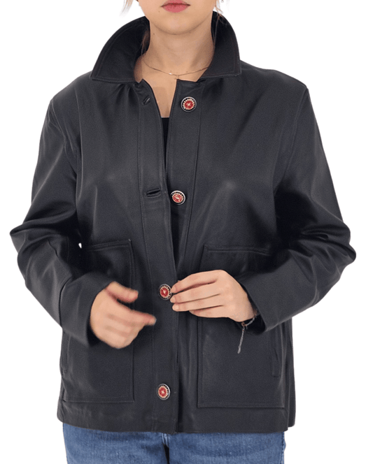 Handcrafted Oversized Sheepskin Leather Trucker Jacket – Stylish & Timeless Red Stitch - Tenku Designs