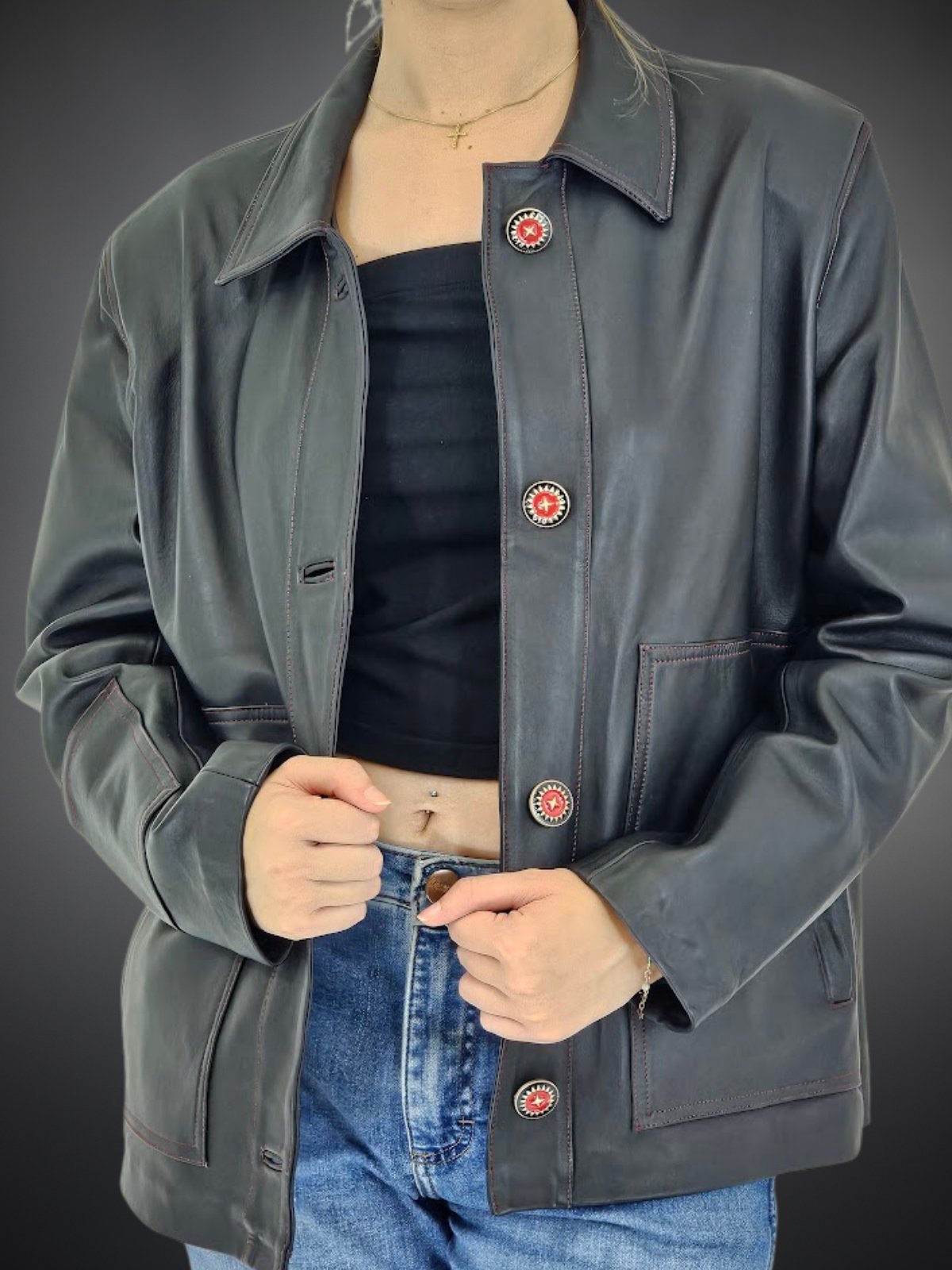 Handcrafted Oversized Sheepskin Leather Trucker Jacket – Stylish & Timeless Red Stitch - Tenku Designs