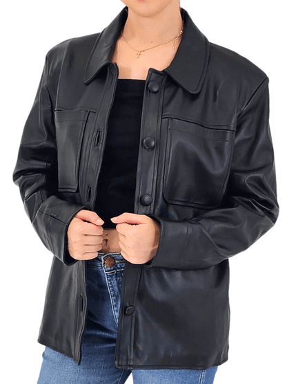 Handcrafted Oversized Women's Sheepskin Leather Jacket – Classic Black, Stylish & Versatile - Tenku Designs