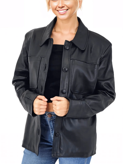 Handcrafted Oversized Women's Sheepskin Leather Jacket – Classic Black, Stylish & Versatile - Tenku Designs