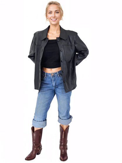 Handcrafted Oversized Women's Sheepskin Leather Jacket – Classic Black, Stylish & Versatile - Tenku Designs