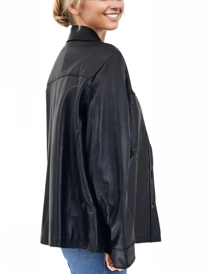 Handcrafted Oversized Women's Sheepskin Leather Jacket – Classic Black, Stylish & Versatile - Tenku Designs