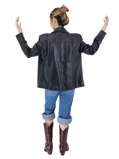 Handcrafted Oversized Women's Sheepskin Leather Jacket – Classic Black, Stylish & Versatile - Tenku Designs