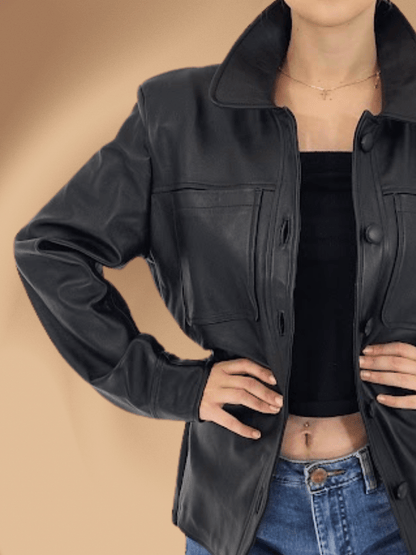 Handcrafted Oversized Women's Sheepskin Leather Jacket – Classic Black, Stylish & Versatile - Tenku Designs