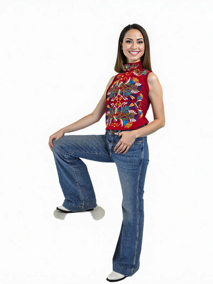 Handcrafted Red Halter Top with Mexican Embroidered Chest – 100% Cotton, Artisan - Made - Tenku Designs