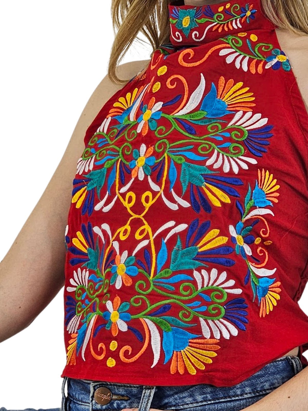 Handcrafted Red Halter Top with Mexican Embroidered Chest – 100% Cotton, Artisan - Made - Tenku Designs