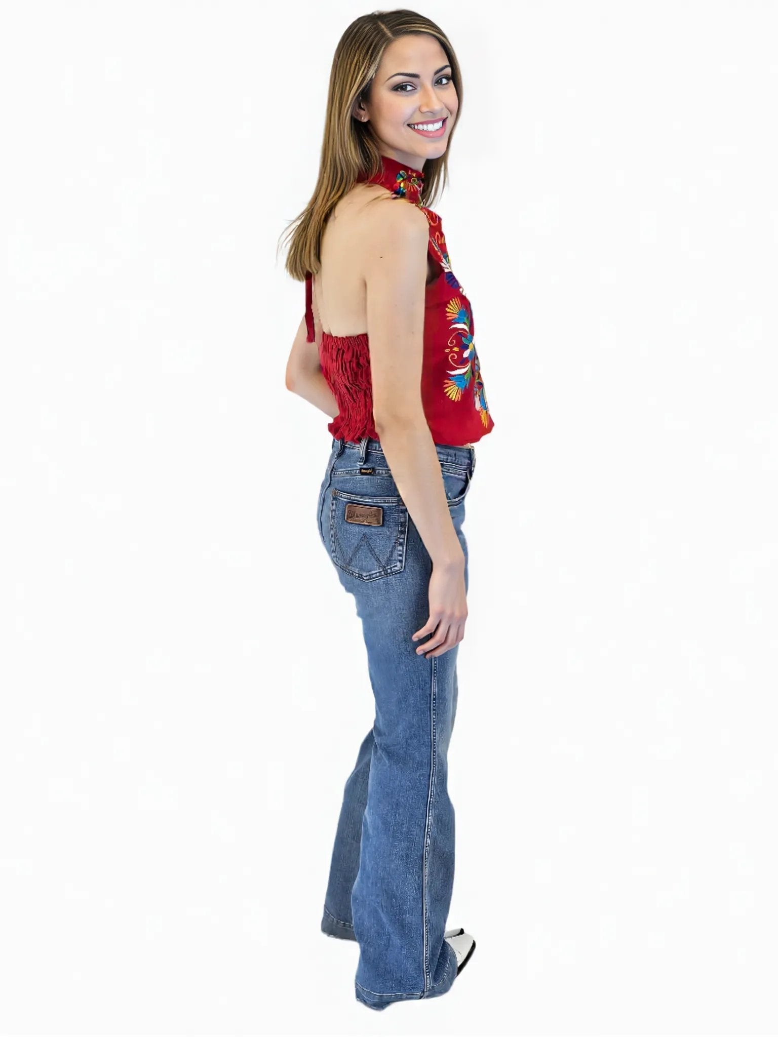 Handcrafted Red Halter Top with Mexican Embroidered Chest – 100% Cotton, Artisan - Made - Tenku Designs