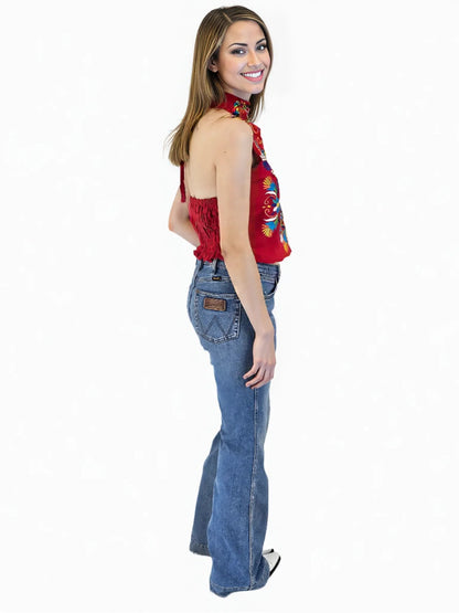 Handcrafted Red Halter Top with Mexican Embroidered Chest – 100% Cotton, Artisan - Made - Tenku Designs