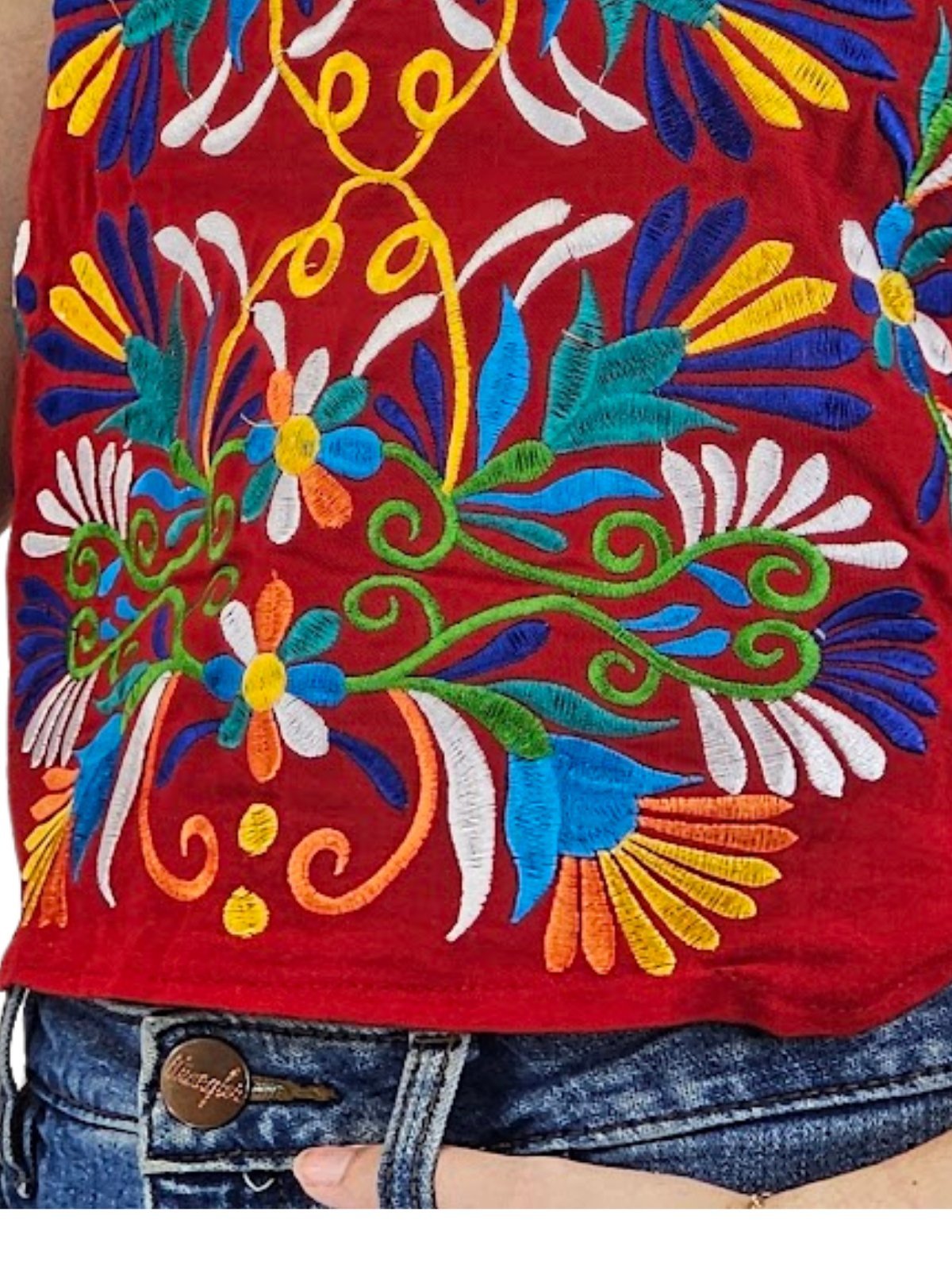 Handcrafted Red Halter Top with Mexican Embroidered Chest – 100% Cotton, Artisan - Made - Tenku Designs