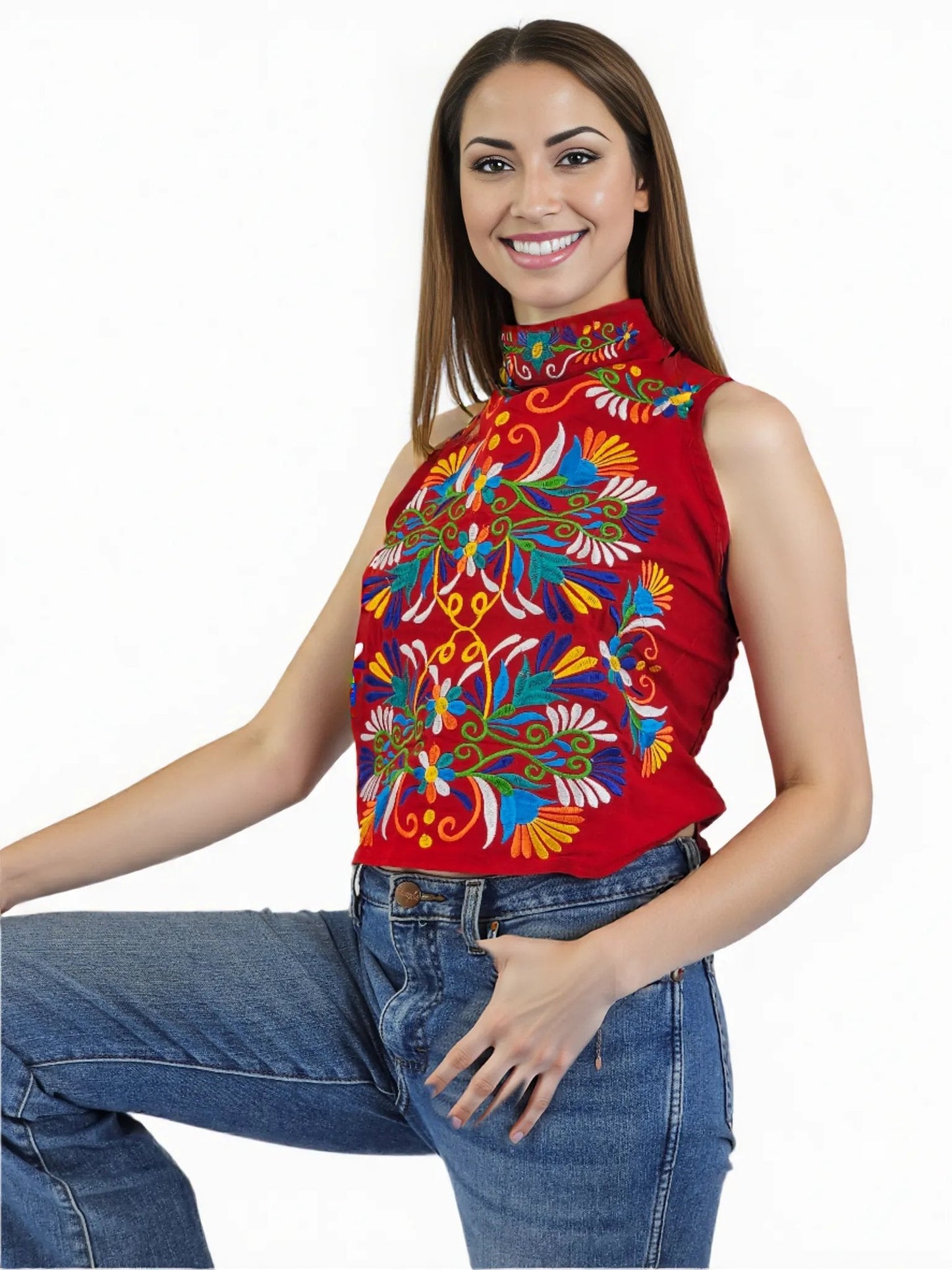 Handcrafted Red Halter Top with Mexican Embroidered Chest – 100% Cotton, Artisan - Made - Tenku Designs