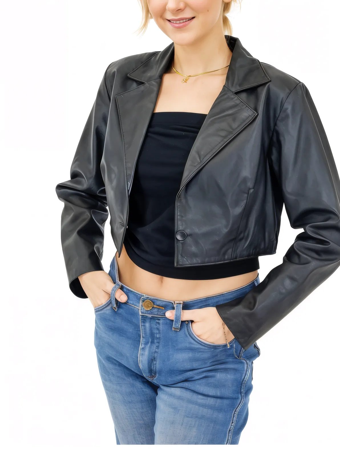 Handcrafted Women's Sheepskin Leather Biker Jacket – Cropped Black - Tenku Designs